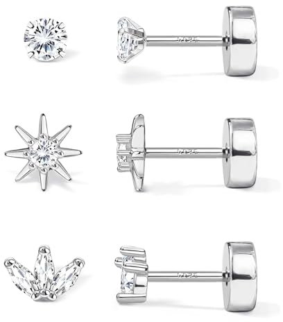 JeweBella 3 Pairs Flat Back Earrings Sterling Silver Earrings for Women 14K Gold Plated Stud Earrings Stack Dainty Small Cubic Zirconia Ball Heart Flat Back Studs Gold/Silver