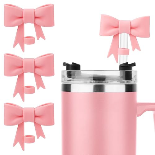 3 Pcs Pink Bow Straw Cover Cap for Stanley Cup, Silicone Straw Cover Cap Straw Topper Cute Cup Accessories Straw Cover Compatible with Stanley 30&40oz Tumbler Cup