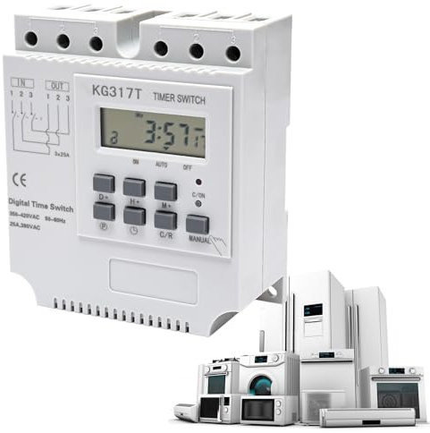 Digitale Zeitschaltuhr, 380V/50-60Hz Programmierbares Zeitrelais, Zeitschaltuhr Zeitrelais 25A Dreiphasiger Direktausgang, Zeitschaltuhr Hutschiene 180 Tage Stromausfallspeicher Steuerleistungszeitsch