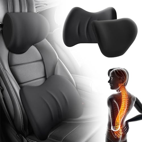 Ergonomische Kopfstütze und Lendenkissen, Memory Foam lordosenstütze auto, Ideales Rückenkissen für lindert Rückenschmerzen und Lordosenstütze, für Bürostühle Autositze (Schwarz, C-Kombipaket)