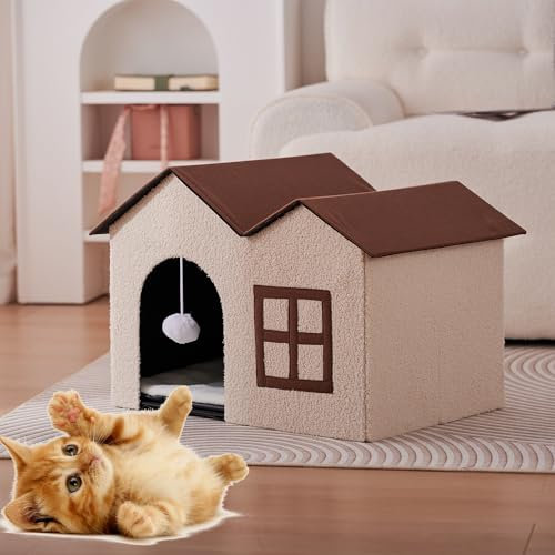 Zedelmaier Katzenhöhle, Katzenhaus, Katzenbett, Katzenhöhle XXL, Katzenhaus isoliert, Katzenhütte mit Spielball, Katzenmöbel (Beige und Braun, 41x58x40cm H)