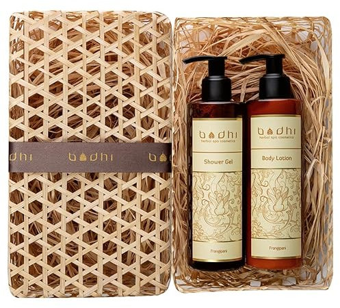 Bodhi® Naturkosmetik Geschenkset FRANGIPANI 2 x 250ml - für Damen mit dem herrlichen Duft der Plumeria, beinhaltet Körpermilch und Duschgel, verpackt in Handgemachter Pandan Box/Bio & Vegan