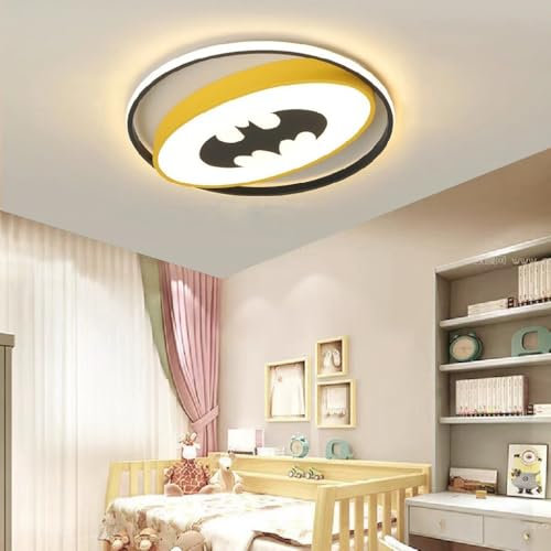 LED Deckenleuchte Kinderzimmerlampe Dimmbar Deckenlampe Batman Acryl Lampenschirm Junge Kinder Kreative Cartoon Deckenbeleuchtung Mit Fernbedienung Schlafzimmer Arbeitszimmer Hängelampe Gelb(50cm)