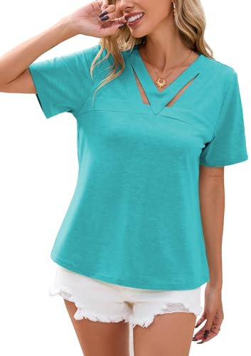 Famulily V Neck Summer Basic T-Shirt for Women Short Sleeve Lightweight Tunic Tops for Ladies (XL, Green)
