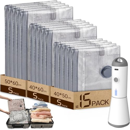 Vacbird Vakuumbeutel für Kleidung mit Kabelloser Vakuumpumpe, 15 Stück (5x 40x50cm, 5x 40x60cm, 5x 50x60cm), Wiederverwendbare Vakuumbeutel für Reisen, Bettdecken, Umzug, Bettwäsche