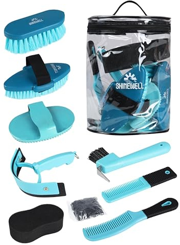 Shinewell Horse Grooming Kit, Complete Horse Brush Set, Equine Grooming Tools for Shedding & Daily Care Blue