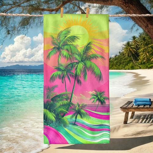 Tropical Palm Tree Beach Towel Vibrant Peach Green Microfiber Bath Towel, Quick Dry Lightweight Sand Free Oversize Blanket, Summer Vacation Travel Essentials 62x31 Inch