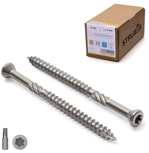 STRÜBER Terrassenschrauben 4,5 x 80 mm, 200 Stück, Edelstahl C2 | Zier-Senkkopf, Torx-Antrieb, gehärtet, Schaftfräser, Cutspitze, Dielenschrauben, BIT TX-20 inklusive
