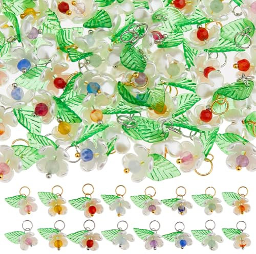 SUPERFINDINGS 64Pcs 16 Colors Acrylic Flower Charms Lily Floral Pendants with Pearl Beads Bell Orchid Leaf Dangle Charms for DIY Bracelet Earrings Necklace Jewelry Making Crafts