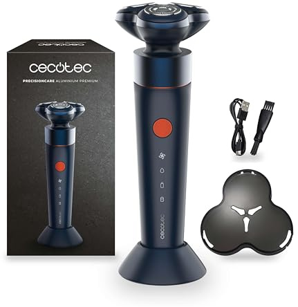 Cecotec Rasierer Herren Elektrisch PrecisionCare Aluminium Premium. Brushless Motor, Turbo Funktion, IPX7 Wasserdicht, Integriertes Display, 45 Minuten Laufzeit, Aufbewahrungsstation und Reiseetui