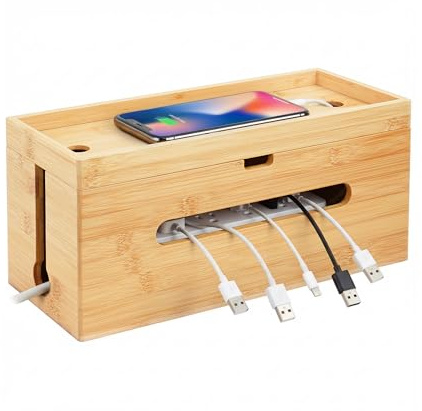 Relaxdays Kabelbox Bambus, HBT: 16x34x13,5 cm, für 6er Steckdosenleiste, Kabelversteck mit Deckel & Kabelbindern, Natur