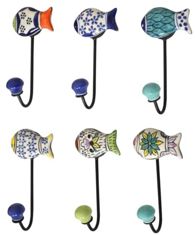 Générique Set di 6 ganci da parete in ceramica e metallo, decorazione mediterranea, 11 cm, 1 gancio, stile bordo del mare