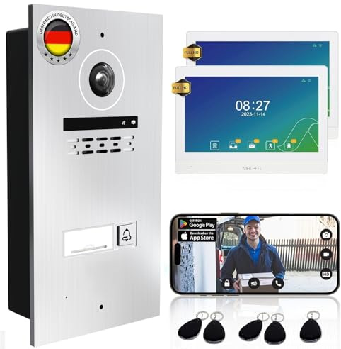 MATHFEL 1 Familienhaus 2 Draht Bus WLAN Video-Türsprechanlage, 2x10 Zoll Monitor mit Full HD 2 Megapixel 170 Grad Weitwinkelkamera -Außenstation in Silber mit RFID
