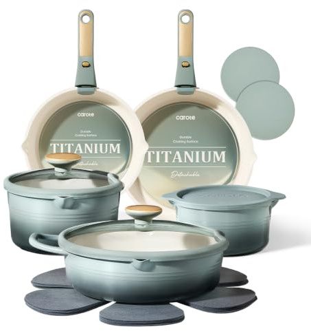 CAROTE 16-Piece Ceramic Pots and Pans Set NonStick with Detachable Handle | Oven Safe,Dishwasher safe,All Hob Compatible,Induction Cookware,Easy clean