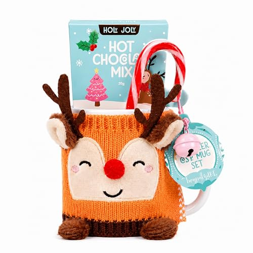 Deer Cosy Mug & Hot Chocolate Gift Set - Ceramic Mug with Cosy Deer Cover, 20g Hot Chocolate Mix, 10g Candy Cane & Metal Bell – Great Christamas Gifts for Stocking Fillers