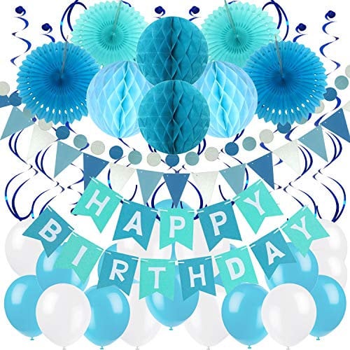 ZERODECO Geburtstag Dekoration, Happy Birthday Banner Wabenbälle und Fächerdekoration Papier Girlande Fächer Dreieckige Wimpel Spiral Girlanden und Luftballon - Blau, Hellblau und Weiß