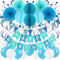 ZERODECO Geburtstag Dekoration, Happy Birthday Banner Wabenbälle und Fächerdekoration Papier Girlande Fächer Dreieckige Wimpel Spiral Girlanden und Luftballon - Blau, Hellblau und Weiß