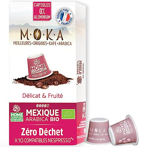 MOKA 10 Capsules 100% Pur Arabica du Mexique Bio - Compatible avec les machines à Capsules Nespresso - Intensité 8 - Biodégradables et Home Compost - Expresso et Lungo - Torréfié en France
