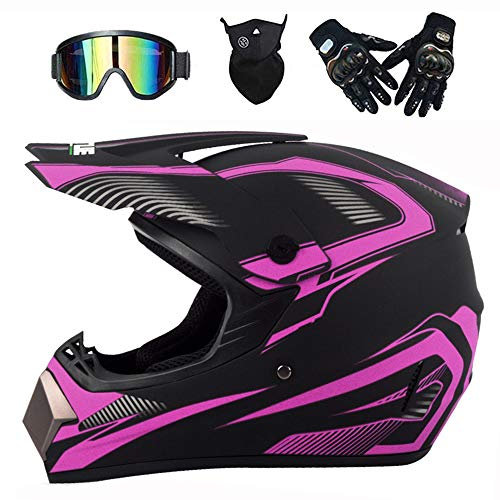 LEENP Professioneller Motocross-Helm, Herren Motorradhelm Cross-Helm Geschenk-Set mit Brille Maske Handschuhe, Motorrad Sports ATV MTB Quad Motorräder Off-Road DH Enduro-Helm Männer Damen,Pink,M