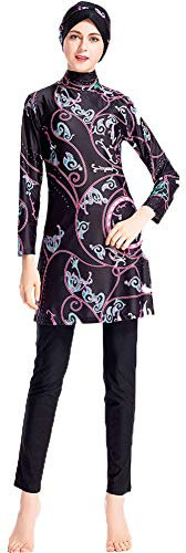 WOWDECOR Muslimischen Badeanzug - Muslim Islamischen Bescheidene Badebekleidung Modest Swimwear Burkini für muslimische Frauen - Hijab Abnehmbaren (Schwarz, Asien L~Fehlschlag: 92cm)