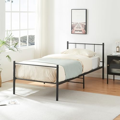 [en.casa] Metallbett 90x200 cm Schwarz auf Stahlrahmen mit Lattenrost Bettgestell mit Kopfteil Design Jugendbett Gästebett