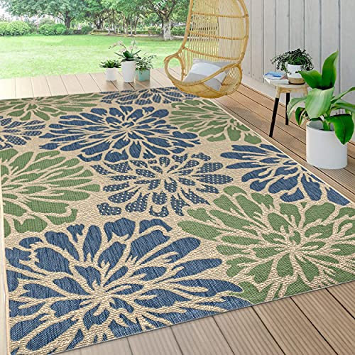 JONATHAN Y SMB110B-5 Zinnia Modernes florales Strukturgeflecht Teppich Bohemian Coastal, pflegeleicht, Schlafzimmer, Küche, Garten, Terrasse, Nicht fusselnd, 150 cm x 240 cm, Marine/Grün