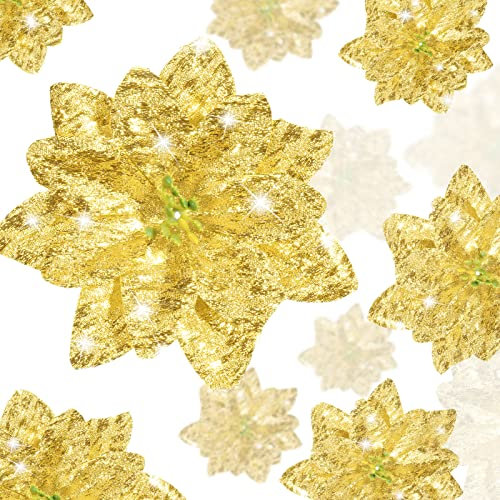24 Stücke Funkeln Weihnachten Blumen Künstliche Weihnachtsstern Hochzeit Weihnachtsbaum Ornamente, 3/4/ 6 Zoll (Gold)