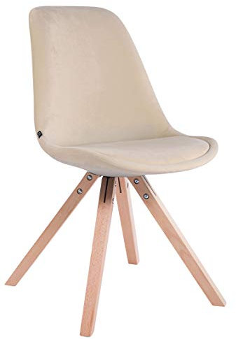CLP Retrostuhl Toulouse Samt Square Mit Hochwertigem Sitzpolster I Lehnstuhl Mit Stabilem Holzgestell I Sitzhöhe 48 cm, Farbe:Creme, Gestell Farbe:Natur