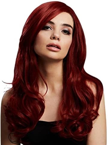 Smiffys Fever Khloe Perücke, einfarbig, Rubinrot, Lange Wellen, Mittelscheitel, 56cm/22in Halloween