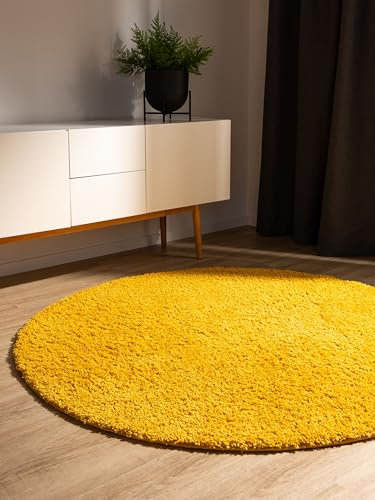 benuta Basic Hochflorteppich Soho - gelb ø 120 cm rund - Kuschelig Weicher Teppich im Minimalistischen Look - Pflegeleicht - Fußbodenheizung Geeignet