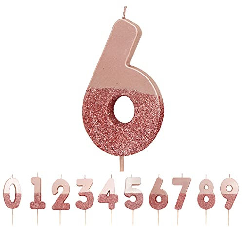Talking Tables Rose Gold Glitter Number 6 Candle | Premium Quality Cake Topper Decoration Pretty, Sparkly | for Kids, Adults, 16th, 60th Birthday Party, Anniversary, Milestone, RoseGold6,8 cm
