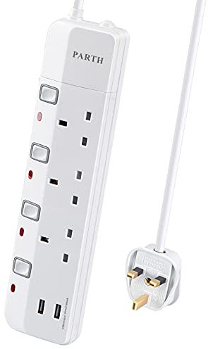 PARTH Protected Extension Lead with 2 USB Slots - 2m Long Cable 3 Way 13A Multi Plug Sockets Power Strips with Individual Switches - Wall Mountable Heavy Duty Extension Cords for School Home Office