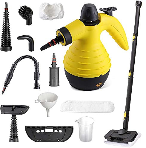 Bakaji Pulitore a Vapore Portatile 1050W Pressione 3,2 BAR 28g/min 300ml Riscaldamento Rapido con Beccuccio Girevole Blocco di Sicurezza e Accessori Pulizia Casa (Giallo con Asta Telescopica)