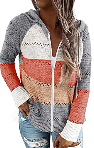 GOLDPKF Sweat zippé Femme a Capuche Vetement Chic Hiver Mode col v marinière Manche Longue Cardigan Pull Hoodie Sweatshirts Gris L