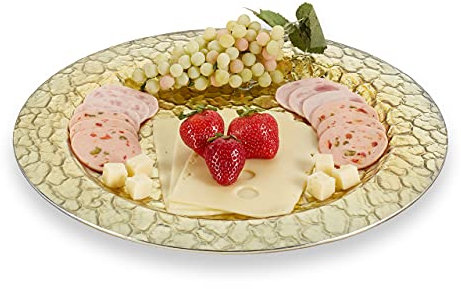 relaxdays Plat de service, aspect verre structuré, plateau à gâteaux, fromage, charcuterie, Ø 36 cm, rond, déco, doré