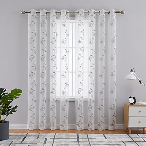 CAROMIO 2er Set Voile Vorhang mit Ösen Transparente Leinen Optik Gardinen Sheer Blumen Vorhänge im Landhausstil Fensterschal für Wohnzimmer Schlafzimmer Grau, 140cm*175cm
