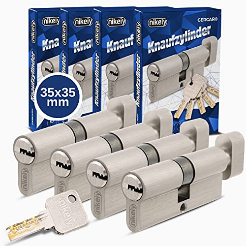 GERCAR Pro Knaufzylinder 35/35 Massiver Schließzylinder gleichschließend mit Knauf - 4er Set Zylinderschloss aus Messing Matt Vernickelt - inkl. 10x Wendeschlüssel - Länge: 70 mm, A:35 B:35-4x