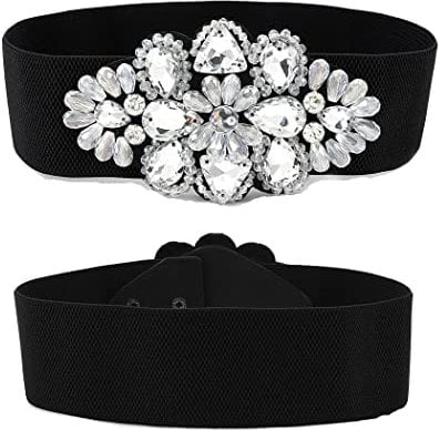 Sethexy Schwarzer Stretchgürtel für Damen Strass Breite Gürtel mit Blumen Kristall Hüftgurt Cinch-Gürtel für Kleid (Schwarz, M)