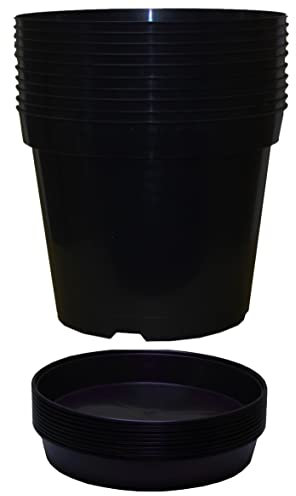 Muddy Hands Pack of 10 Black Plastic Plant Pots + Saucers - Outdoor Garden Round Nursery Herb Flower Planters Base Water Drip Trays (5 Litre)