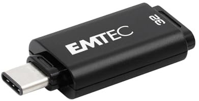 Emtec - Clé USB Type-C 32Go 3.2 Compatible USB 2.0 et 3.1 - ECMMD32GD403 - Flash Drive Rapide jusqu'à 80Mo/s - Clef Ultra Légère - Capuchon Clipsable à l'Arrière - Noir