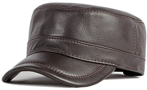 Herren Lammfell Leder Militär Caps Cadet Army Caps Flat Top Cap, Braun, Einheitsgröße