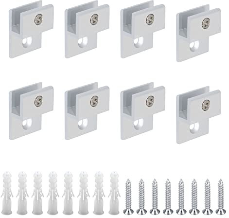 UFURMATE Lot de 8 pinces à verre, en alliage d'aluminium argenté, supports de support réglables pour étagère, fixation murale, supports en verre pour verre de 3 à 5 mm d'épaisseur (forme H)