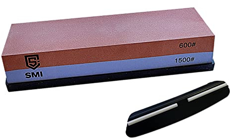 SMI Doppelseitiger Schleifstein 600/1500 Körnung – Schärfstein, Wetzstein & Abziehstein mit Schleifhilfe – Messerschärfer aus Korund inkl. gratis Silikonhalter & Winkelführung für Messer