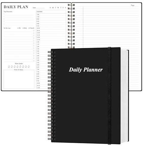 Tagesplaner, undatiert, A4 To-Do-Liste, Notizbuch, Stundenpläne, 150 Blatt/300 Seiten, Spiral-Terminplaner für Damen und Herren, PVC-Hardcover, Innentasche, großer Planer, Schwarz