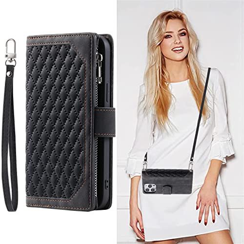 SINQERISHT Handykette Handyhülle für Huawei P30 Wallet Hülle PU Leder mit Reißverschluss Kartenfach Ständer und Trageband Handytasche TPU Bumper Case Magnetverschluss Schutzhülle(Schwarz)