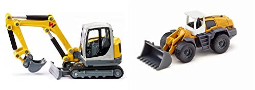 Siku 3559, Wacker Neuson ET 65 Kettenbagger, 1:50, Metall/Kunststoff, Gelb, Bewegliches Maschinenhaus und drehbare Ketten, Beweglicher Baggerarm & 1477, Liebherr Radlader, Gelb/Grau