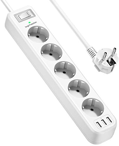 JSVER Steckdosenleiste 5 Fach mit 3 USB Ladeanschlüsse, Mehrfachsteckdose Wandmontage(16A) Steckerleiste Wandmontage Überspannungsschutz mit Schaltbar 1,8M Kabel für Smartphones, Laptop, iPAD–Weiß