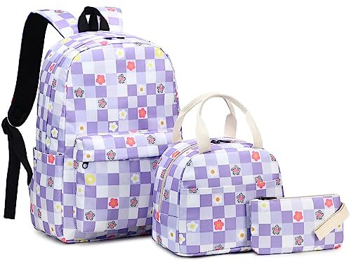 Mimfutu Schulrucksack Mädchen Rucksack Schule Kinder Schultasche Teenager Schulranzen mit Lunch Tasche Federmäppchen (Blume Kariert Lila)