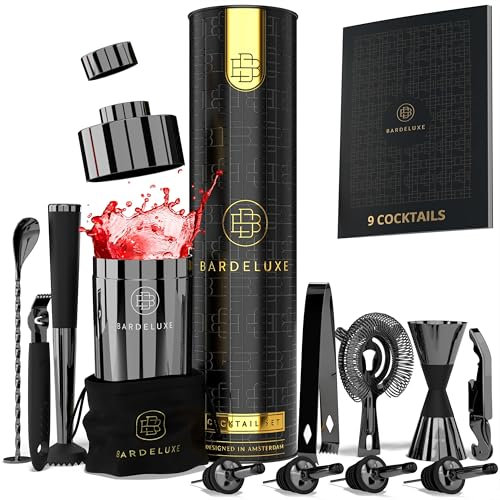 BarDeluxe® Kit Cocktail, 12 Pièces, Kit Cocktail Professionnel | Shaker Cocktail 750ml, Acier Inoxydable | Cocktail Shaker Kit, Kit Barman, Cocktail Kit | Set de Cocktail (Noir)