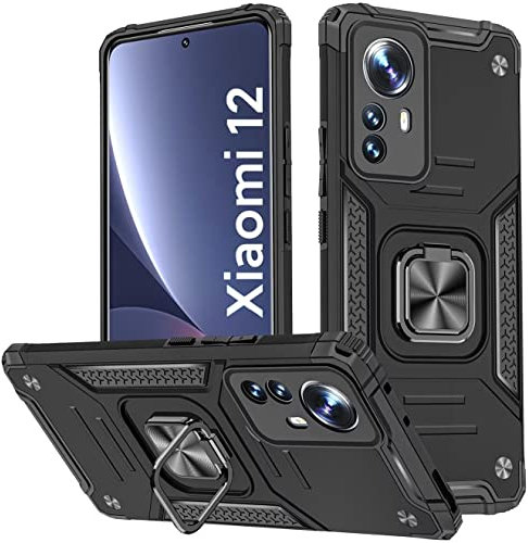 KANSi Hülle für Xiaomi 12 / Xiaomi 12X, Silikon TPU Hart PC Handy Hüllen 360 Grad Drehbar Ringhalter Bumper Stoßdämpfung Schutzhülle - Schwarz